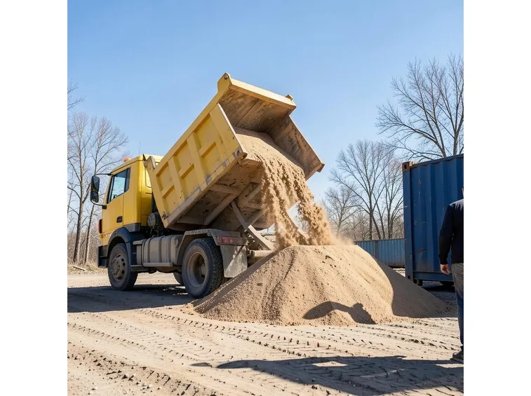 Camion che scarica della sabbia di fiume