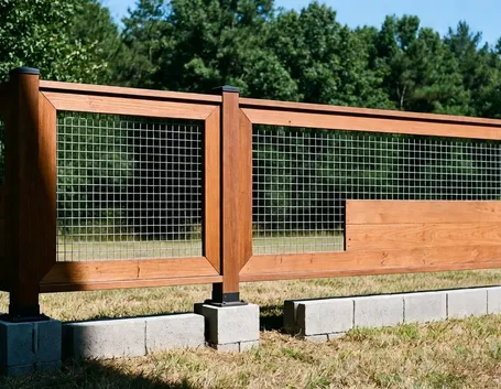 Recinzione con travi di legno e rete