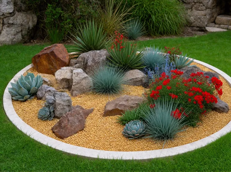 Aiuola con rocce e piante