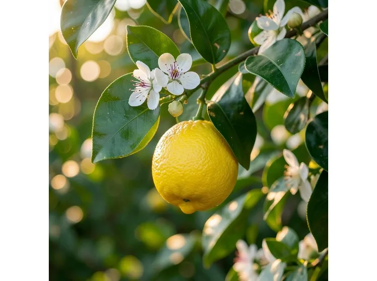 Pianta di limone con fiore e frutto