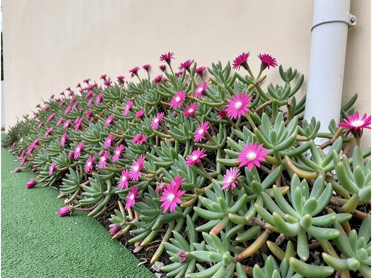 Carpobrotus la pianta grassa rampicante con fiori rossi e rosa
